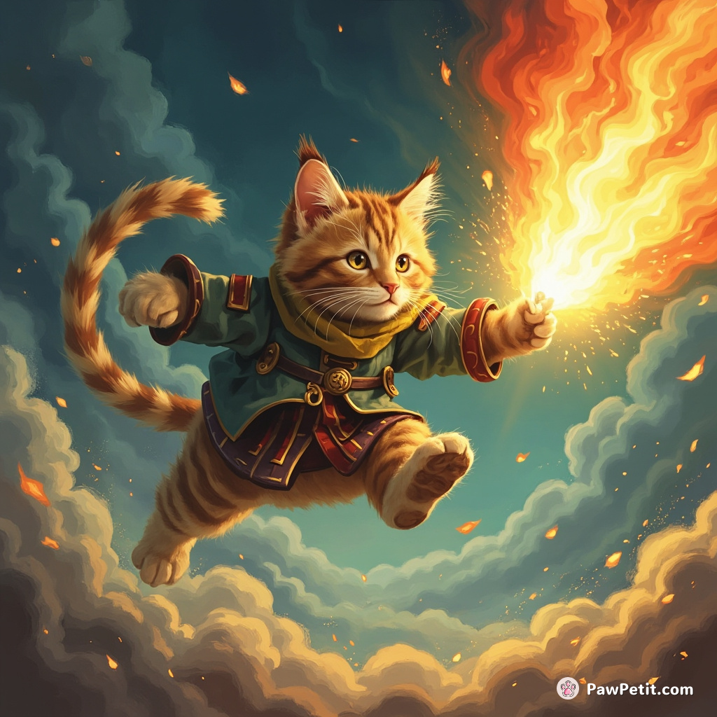 Whiskers the tabby leaps through the air, using his tail to deflect a fireball, saving the kingdom of Catlantis.