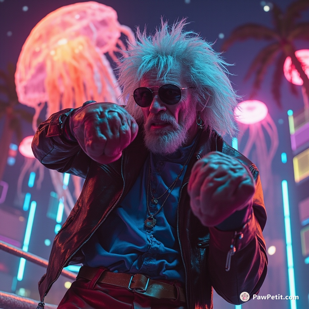 A grimacing Maine Coon in leather bomber jacket, boxing with a giant, luminescent jellyfish under neon palm trees during a disco-themed alien invasion.