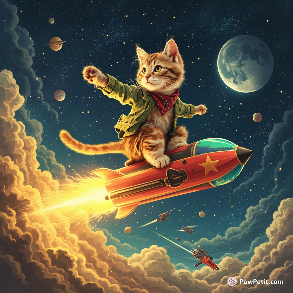 A cat surfing on a star missile in an intergalactic space rodeo.