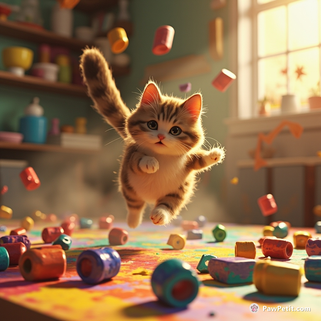 Cat leaps onto table, knocking over paint cans, creating colorful chaos as it scurries away.