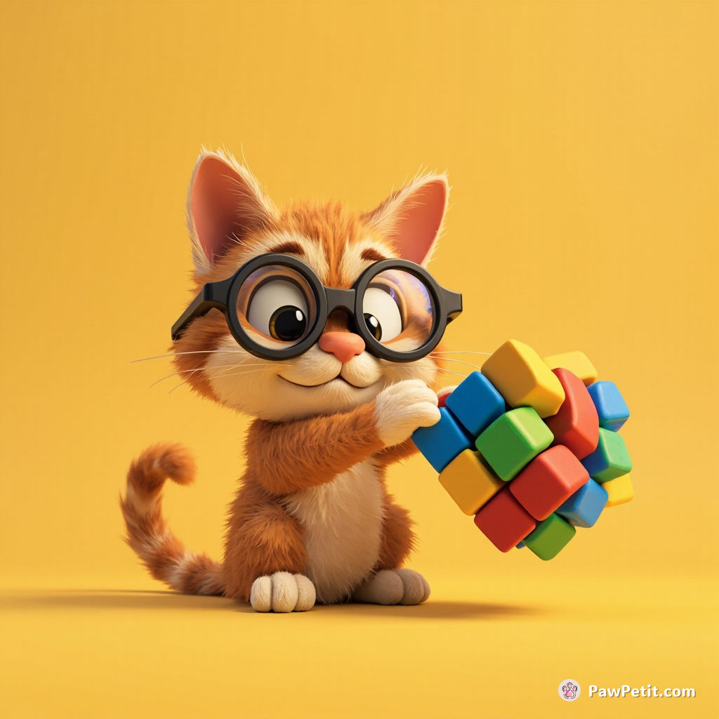 A cat dons tiny glasses, attempts to solve a Rubik's Cube with a dramatic paw flick, convinced it's genius incarnate.