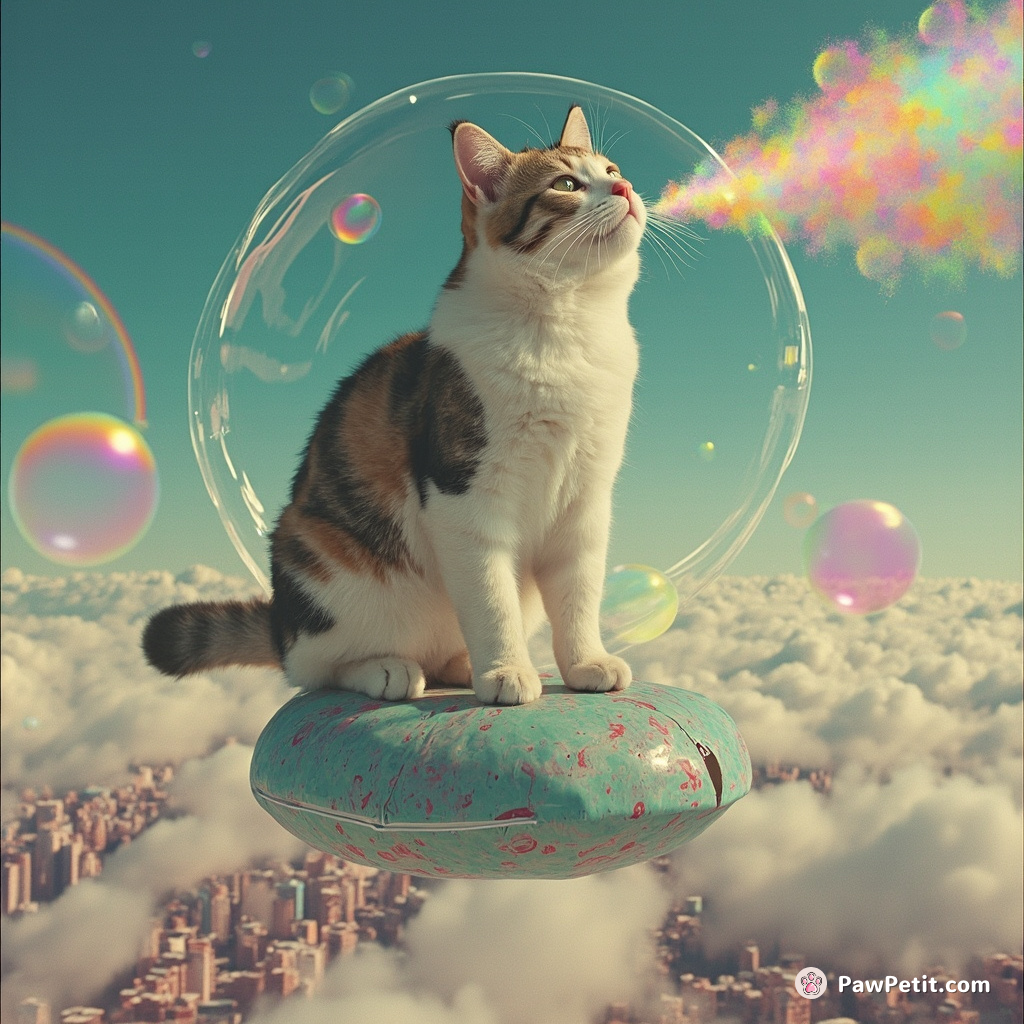 Giant calico cat balancing on a floating bubble above an alien city, blowing rainbow-colored bubbles.