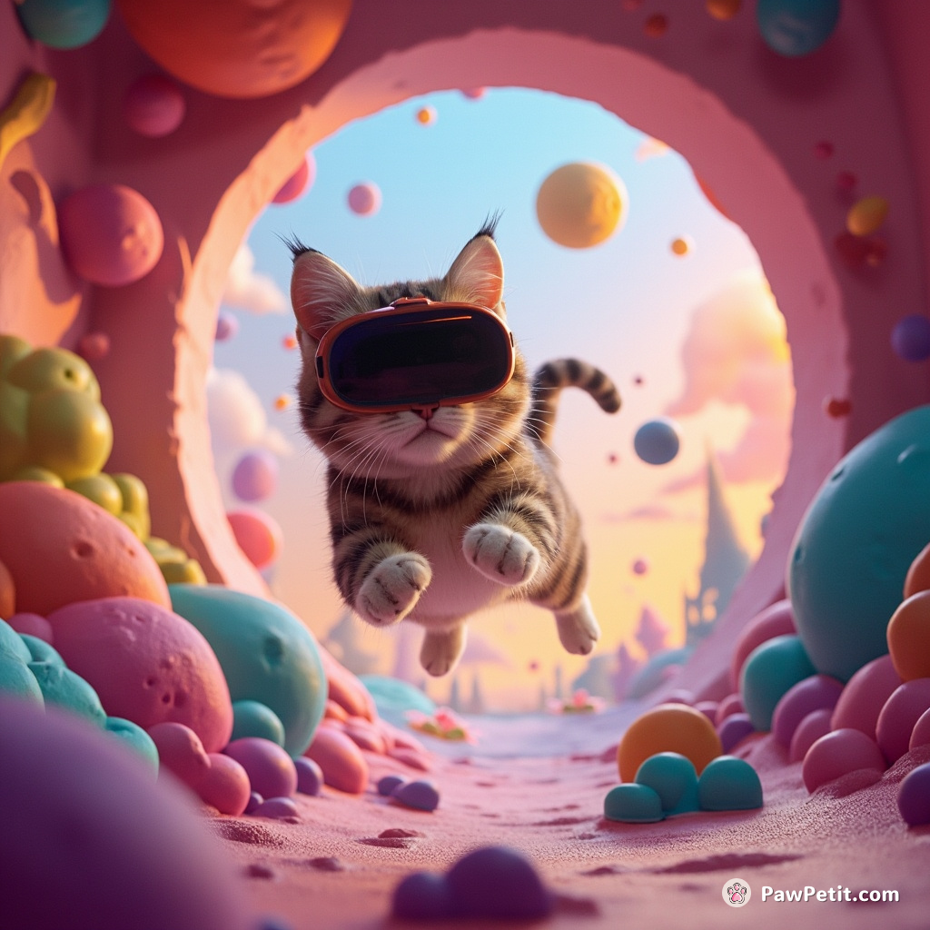 In VR, the cat leaps through portals, exploring vibrant worlds with each bound.