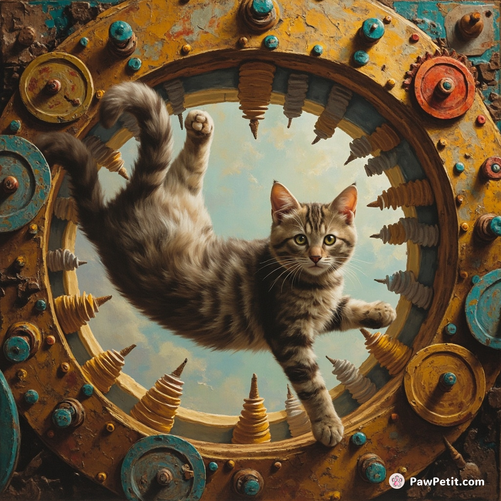 A sleek feline somersaults through a kaleidoscopic portal, activating a symphony of gears and levers with its tail.
