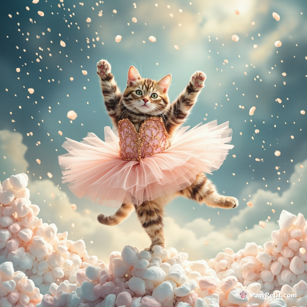 Cat performing a grand ballet atop glistening marshmallow mountains under marshmallow rain.
