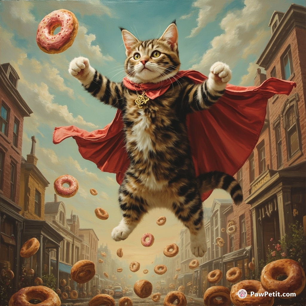 Cat leaps to save falling doughnut, mistaken for rescuing mayor, hailed as hero by town.