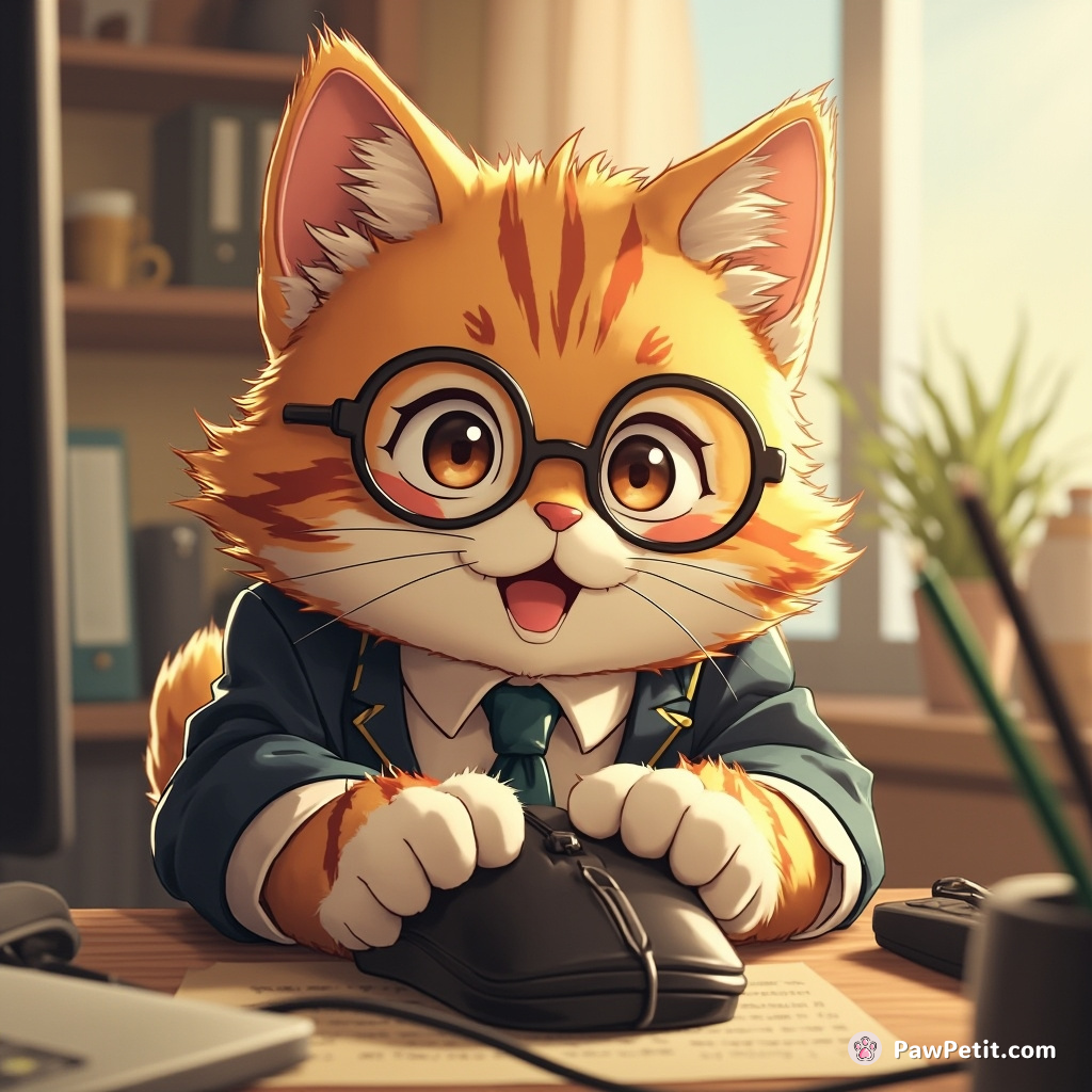 Fusing feline flair with finesse, Whiskers wore wingtips, mastering the mouse-clicks of a 9-5 desk hunt.
