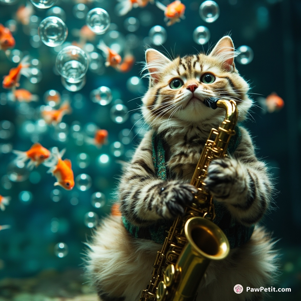 A quirkily-garbed cat playing a saxophone underwater amidst bubbles shaped like tiny fish.