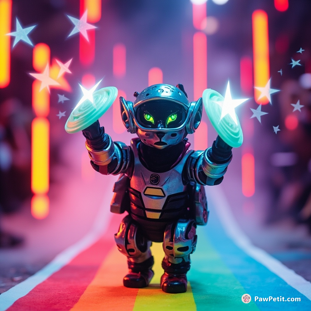 Alien robot cat shooting star-shaped frisbees out of its eyes on a rainbow runway.