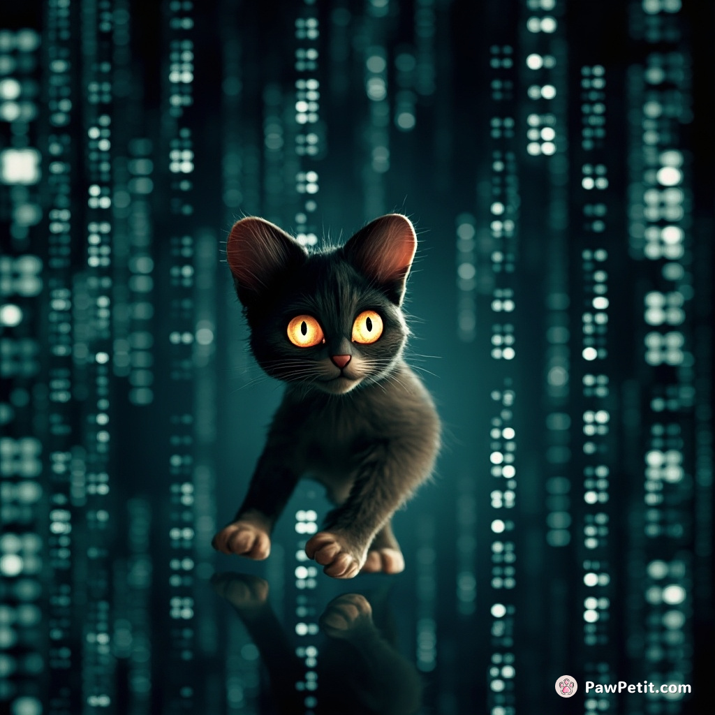 In a matrix of pixels, the digital feline prowls stealthily, manipulating metadata with a twitch of its virtual paw.