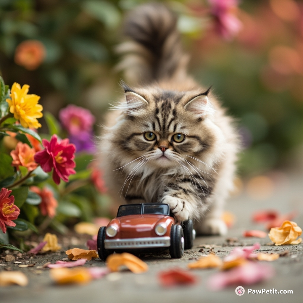 A cat attempts to parallel park a toy car, tail twitching as it revs the invisible engine, and swerves into a flowerbed.
