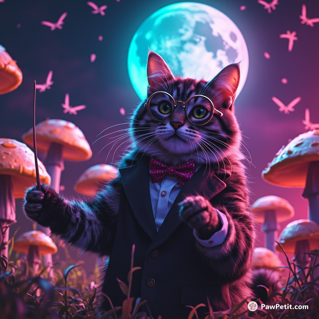 Cat wearing a bow tie and monocle, fervently conducting a symphony of crickets amidst neon mushrooms under an iridescent full moon.