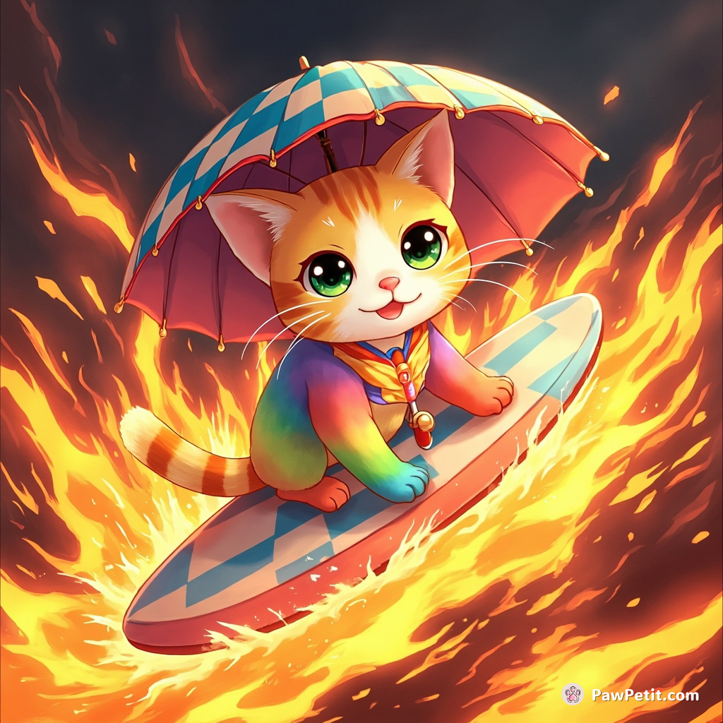 Rainbow-colored, checker-patterned cat surfing through molten gold lava with an umbrella hat.