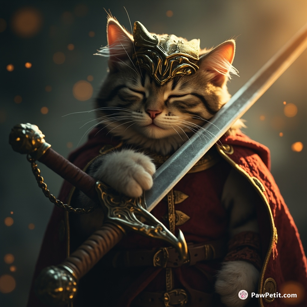 A cat naps on a magical sword, mistaken for a hero due to its regal pose and mysterious aura.