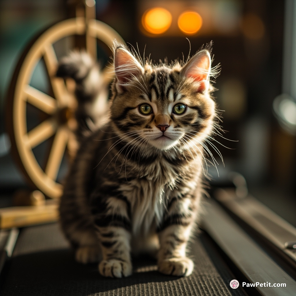 Whiskers mistakes a treadmill for a "human prayer wheel," joins in with frantic paw-swipes, and purrs for salvation.