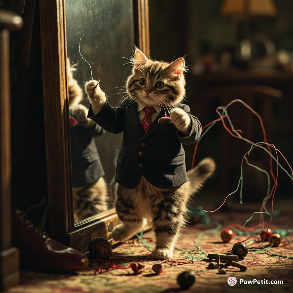 Cat clumsily walks bipedal, fussily tailors suit, causing tumble of thread and chaos. Negative pocket-square feedback to mirror reflection.
