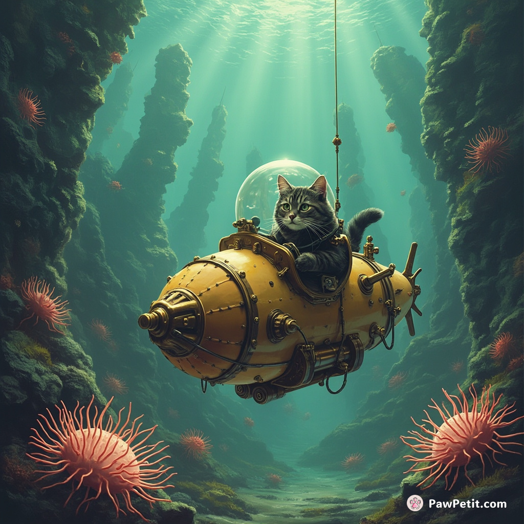 Steampunk cat piloting a sea-urchin submarine in an underwater city.