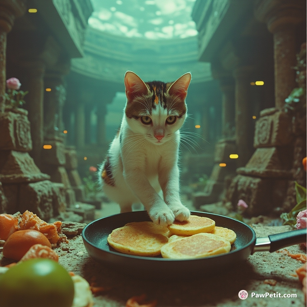 A calico cat delicately flipping pancakes on a levitating frying pan in an underwater Aztec temple.