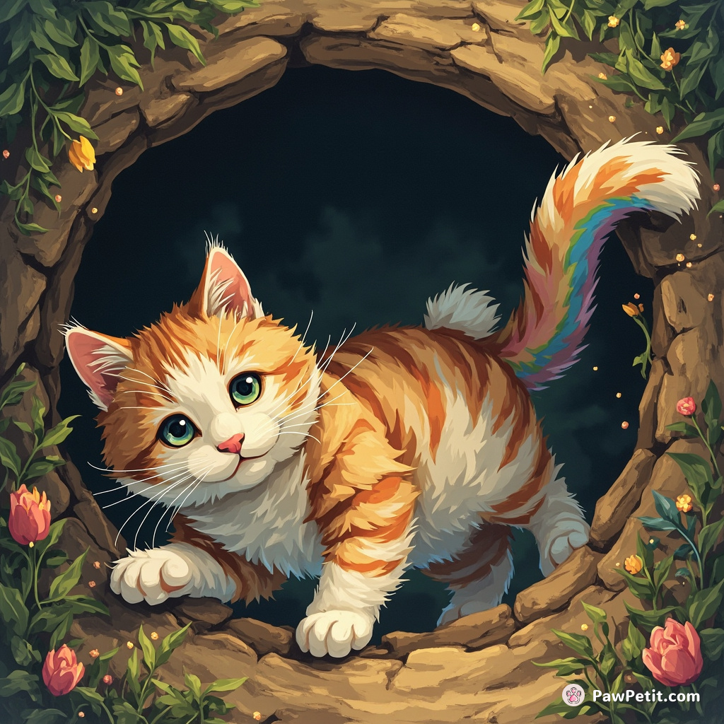 Cat plummeting down a rabbit hole, trailing rainbow-colored fur.