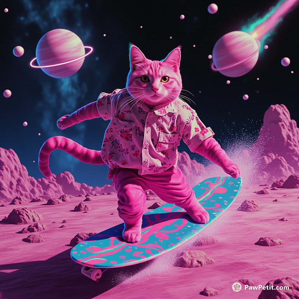 A neon-pink space cat surfs an asteroid belt, using a cephalopod-shaped longboard and dodging comets dressed in vintage Hawaiian shirts.