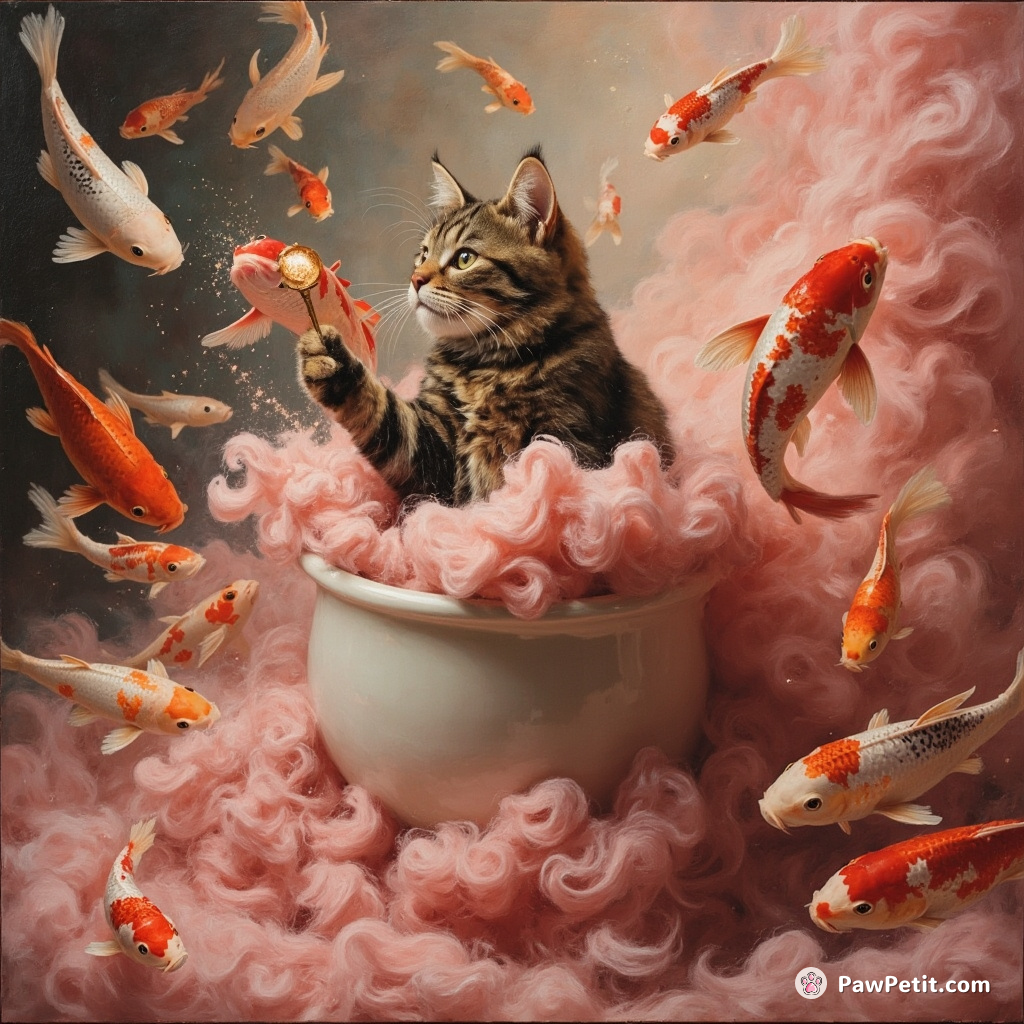 A cat inventing a time-travel milk bowl, spectacularly failed and turned into pink wool in zero gravity room full of suddenly flying koi fish.