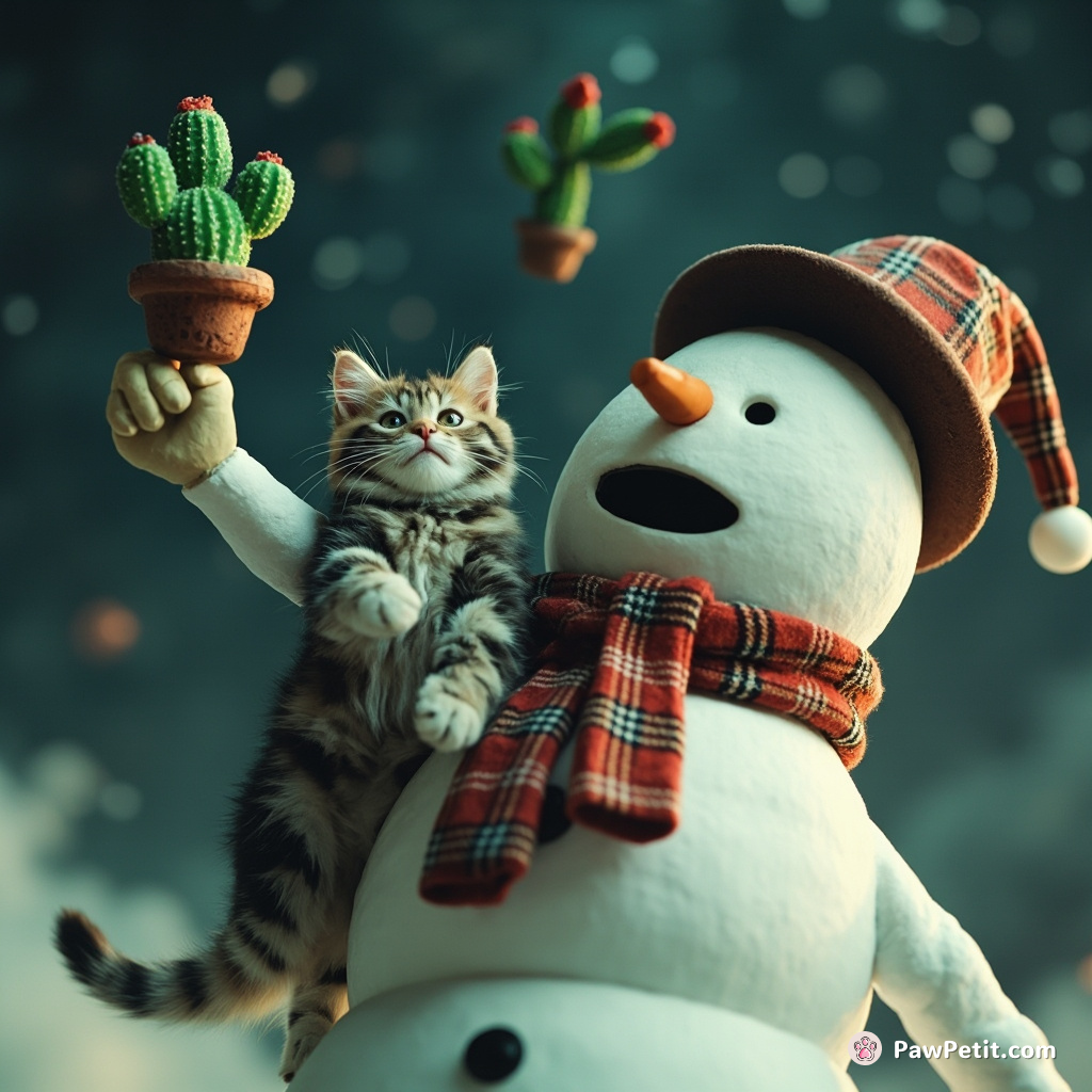 A frightened cat clinging to the arm of an animated, benevolent snowman while they nun-juggle plaid cacti in zero gravity.