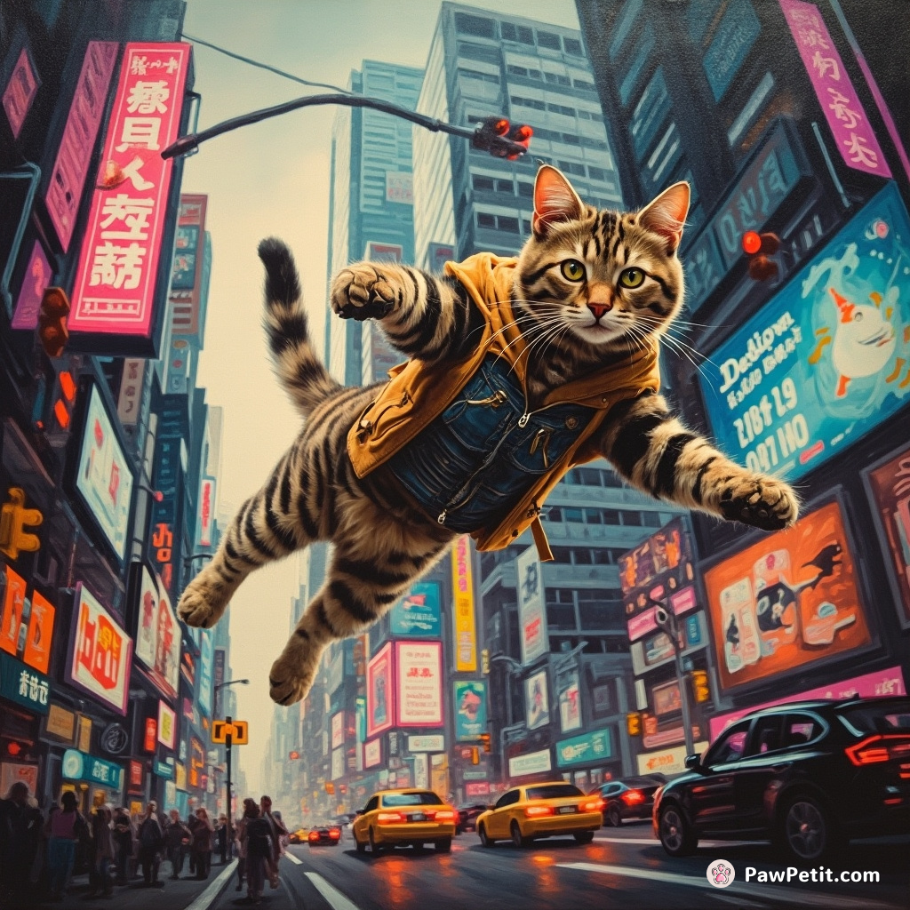 A nimble cat leaps between neon billboards, hacking into traffic systems to navigate the bustling, high-tech city.