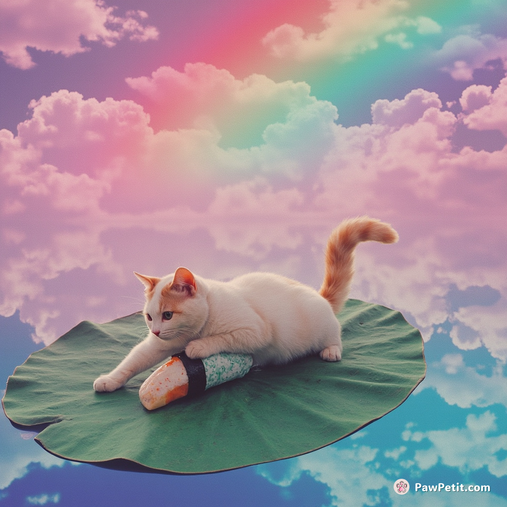 Cat rolling sushi with its tail on a drifting lily pad under a rainbow filled sky.
