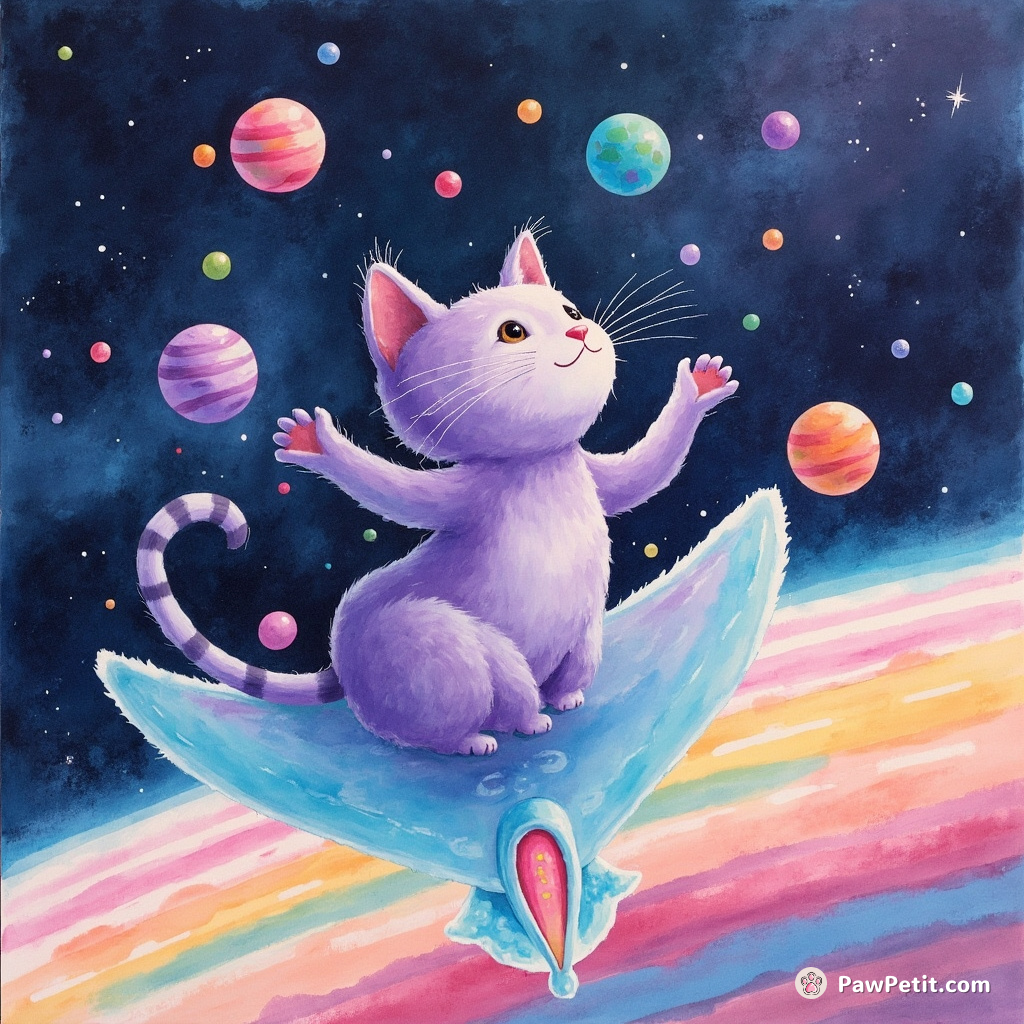 A three-tailed purple cat juggling neon asteroids whilst riding a translucent stingray across the multicolored rings of Saturn.