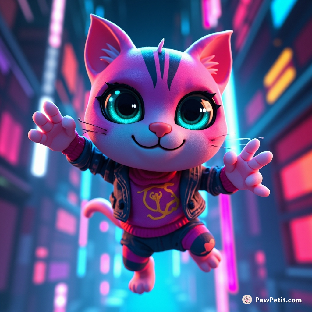 In CyperMeow City, Vitty—the neon-tinted avatar cat—manipulates data streams, leaping through firewalls with a panther’s grace.