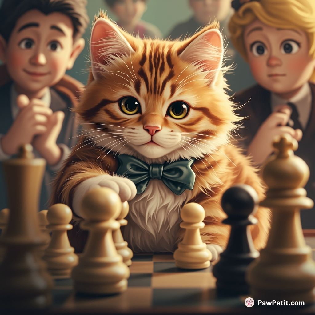 In perilous chess tournament, a whimsical cat confidently moves it's paw to checkmate against reigning human champion.