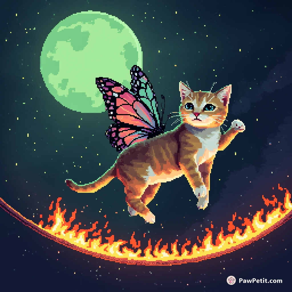 A cat performing on a flaming tightrope with butterfly wings under an emerald moon.