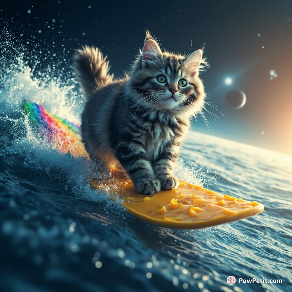 A blue Persian cat surfing a rainbow wave using a slice of cheese in outer space.