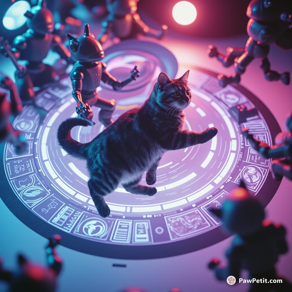The cat, in zero-G, leaps through swirling holographic interfaces, triggering a cosmic disco of malfunctioning robots.