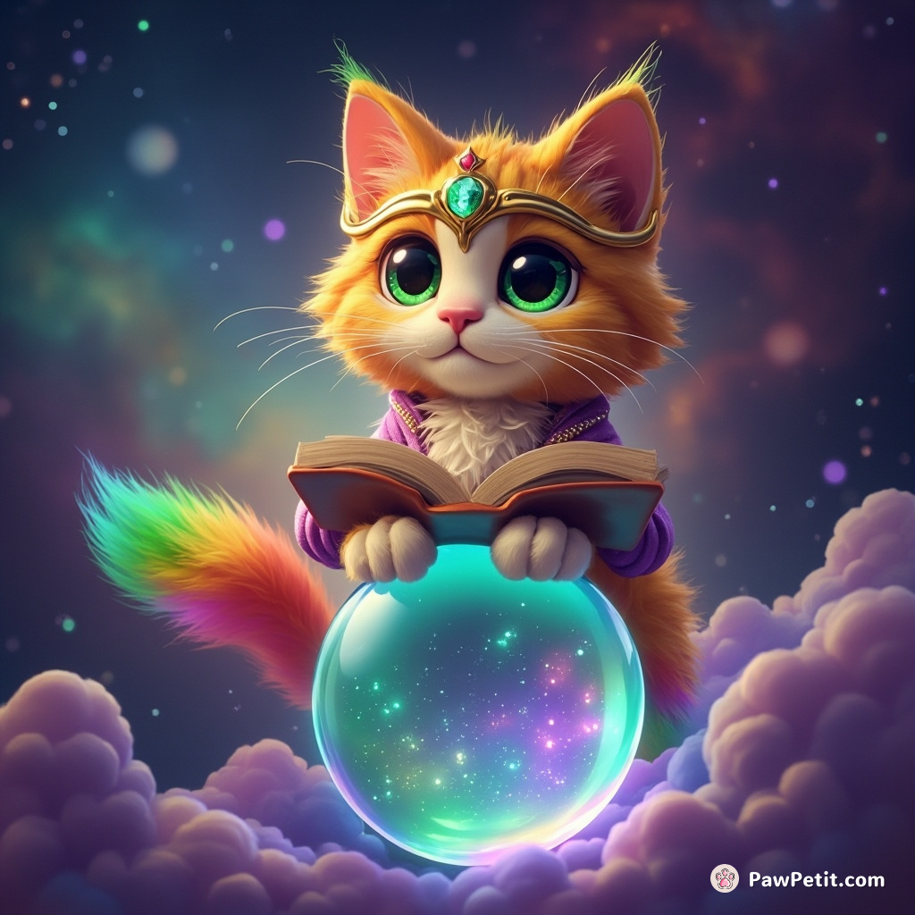 A regal cat with emerald eyes and rainbow-colored fur, poetically reciting Shakespeare atop a glassy orb floating in an ethereal galaxy.