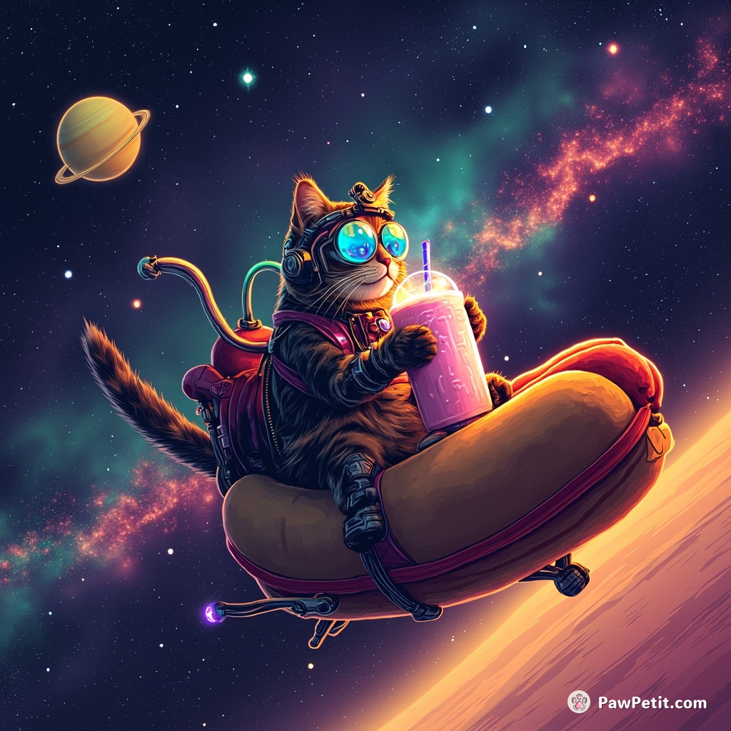 Cybernetic cat sipping glowing galaxy milkshake on a flying hot-dog spaceship around the rings of Saturn.