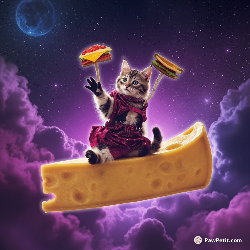 A two-tailed cat performing a pantomime using puppets shaped like food on a flying cheese in the middle of galaxy.