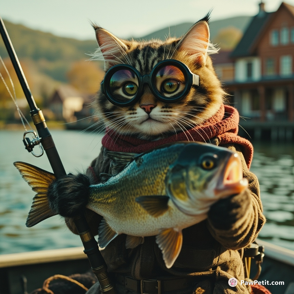 Cat, equipped with fishing gear, catches biggest fish in town's lake, instantly becoming Fishing Club's regal president.