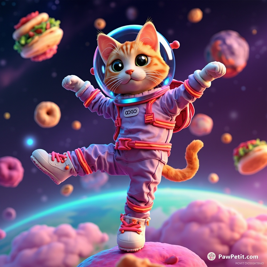 A cat, decked out in neon astronaut gear, gracefully ballet dancing on top of a colorful doughnut planet amidst comets shaped like fish tacos.