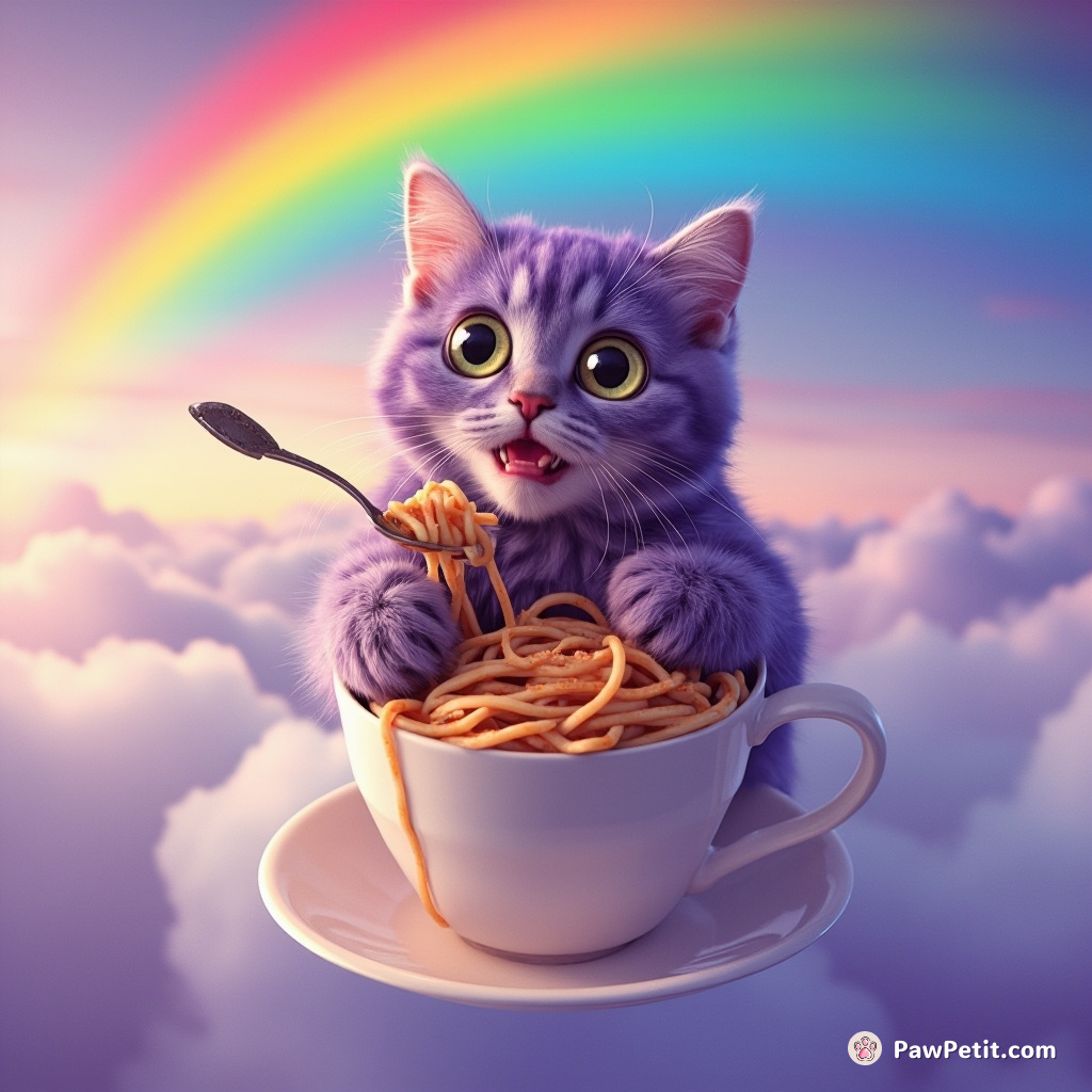A purple, three-eyed cat joyously eating spaghetti with a spoon under a rainbow in an oversized teacup, floating on an ocean of clouds.
