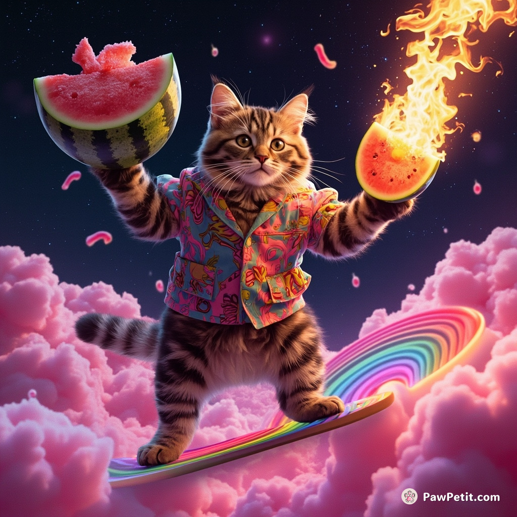 A psychedelic cosmic cat juggling flaming watermelons while surfing on a rainbow jazz note chunk in the cotton candy galaxy.