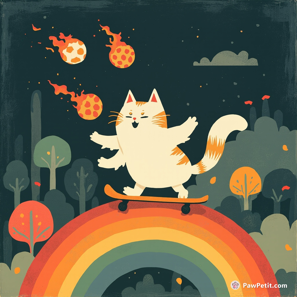 A Persian cat skateboarding on a rainbow, juggling flaming soccer balls with its tail in an alien forest.