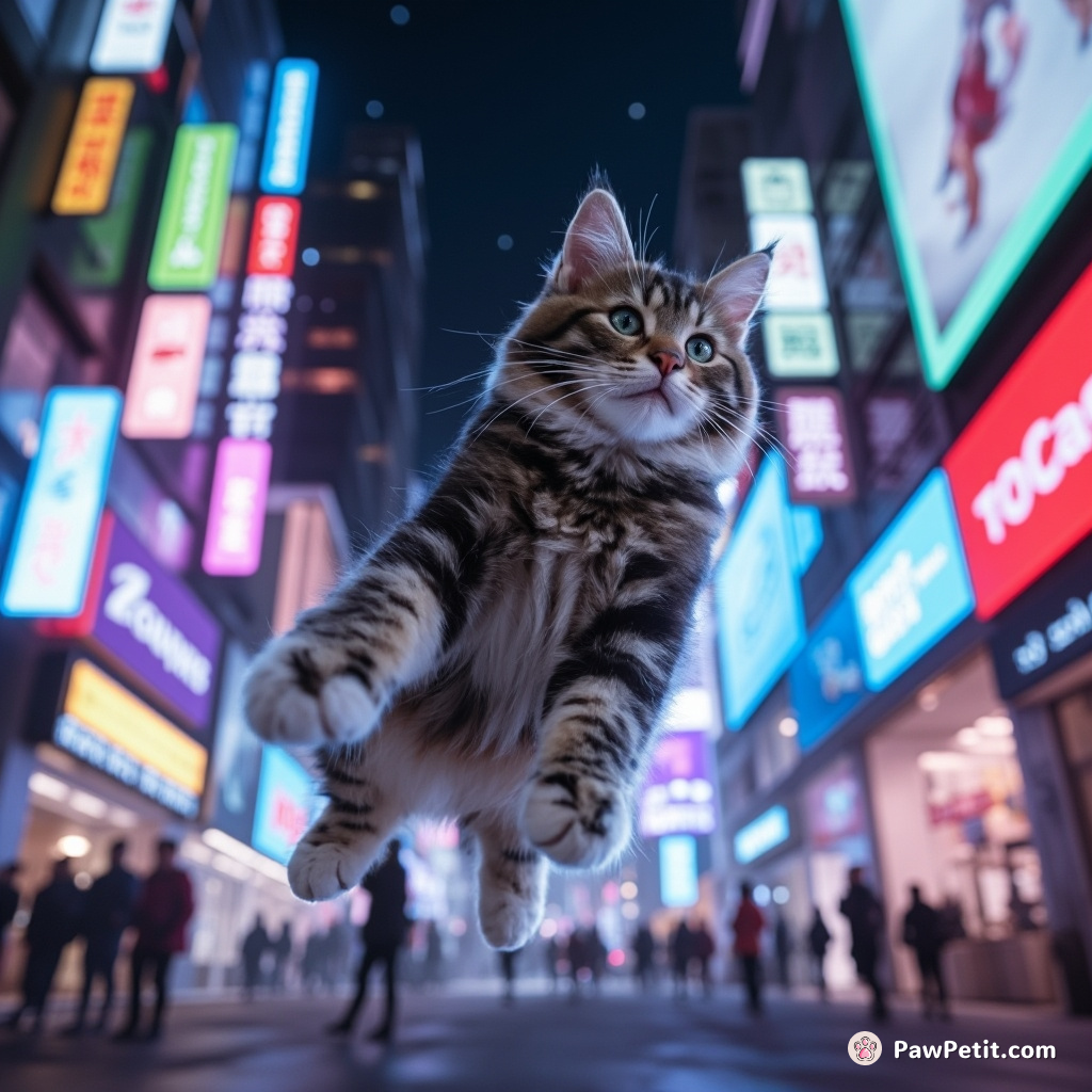 In a high-tech city, the cat leaps from neon sign to hologram, defying gravity and human logic.