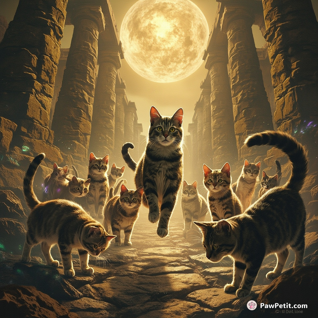 **Cat Action/Motion:** "Felines convene in ancient ruins, strategically plotting world domination with purrs and calculated stares.
