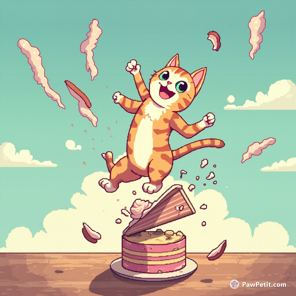Cat leaps onto a teetering cake, sending frosting and chaos flying through the air.