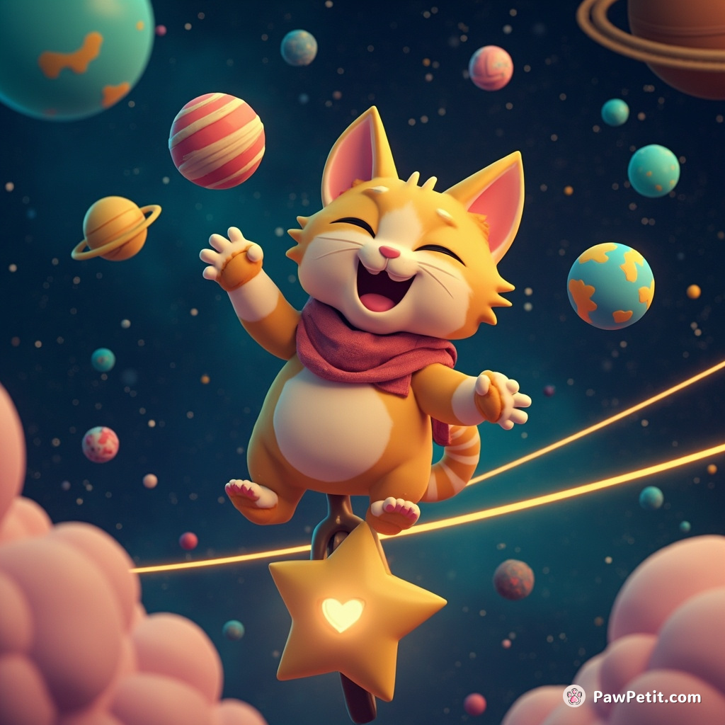 A cat juggling miniature planets while riding a star-shaped unicycle on a tightrope of cosmic energy.