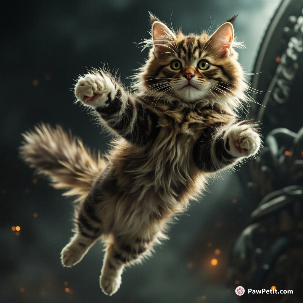 Fluffy leaps, paws outstretched, flipping a lever and igniting the towering, pulsating engine of the alien spacecraft.