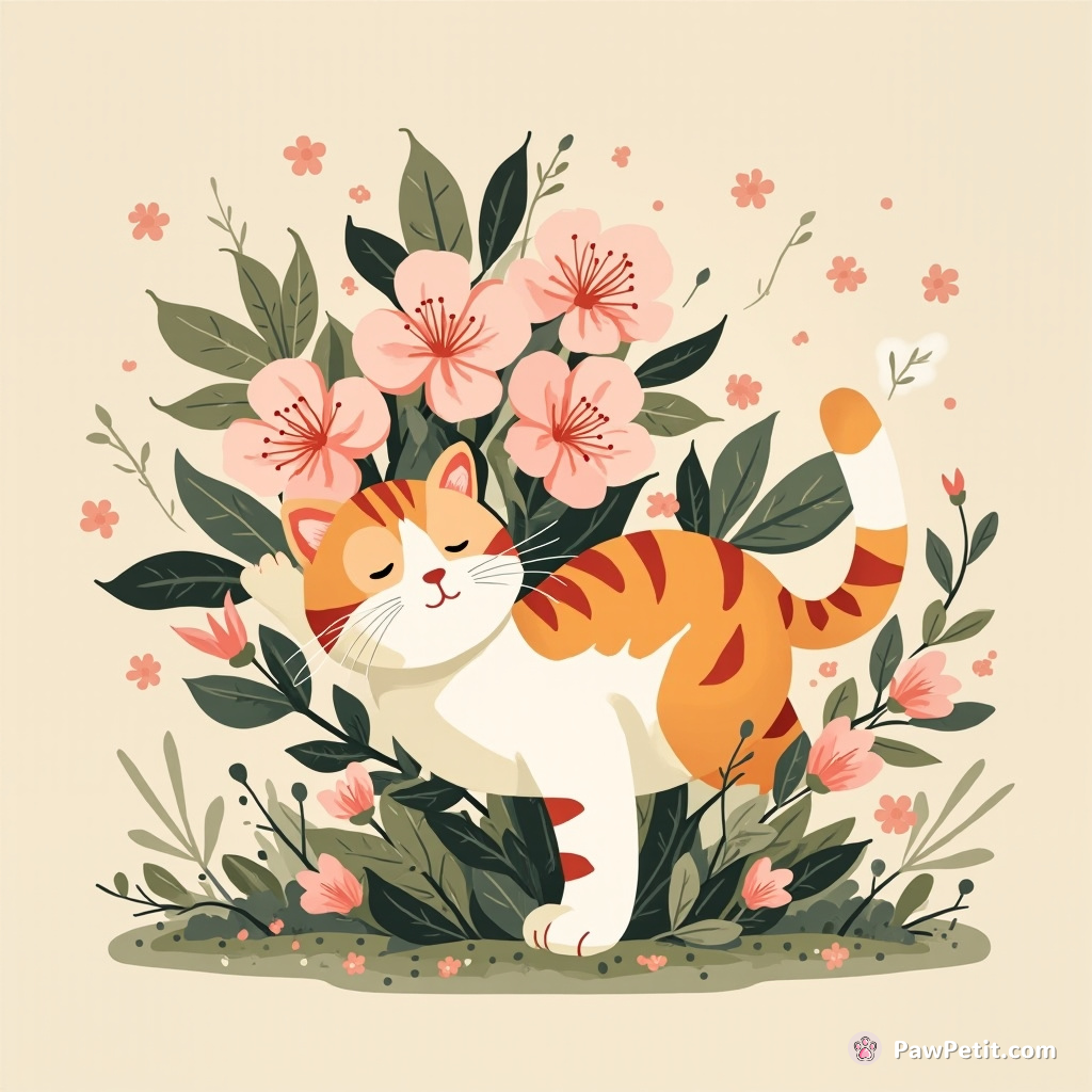 Eagerly scrambling up a blooming azalea, whiskers trembling with excitement, the cat yearned to inhale nature’s verdant perfume.