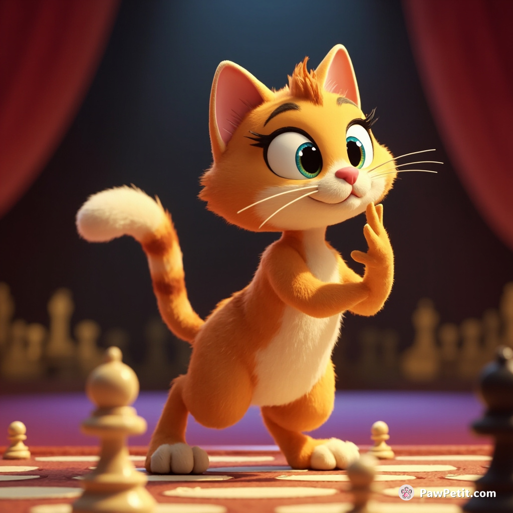 Cat struts onto stage, tail high, convinced it can beat humans at chess, purring confidently as it contemplates moves.