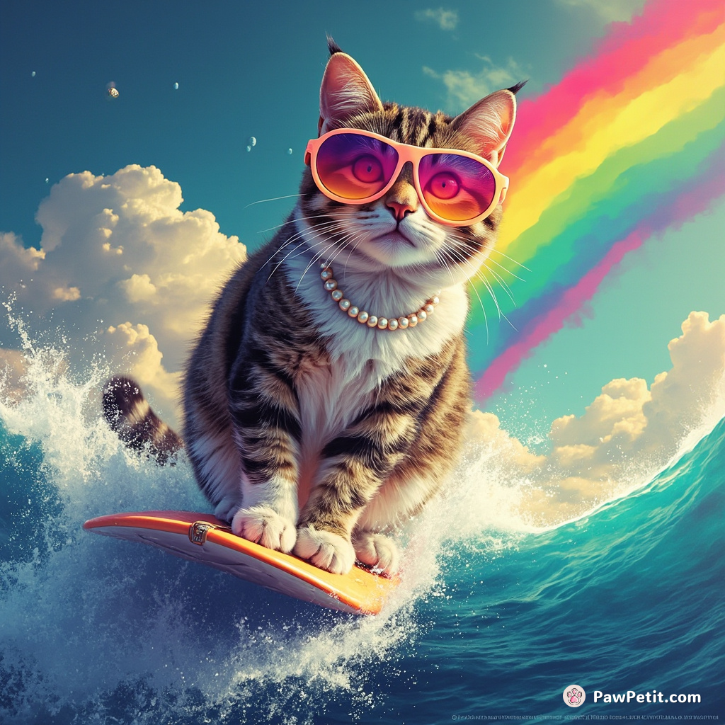 Cat surfing on a rainbow wave, wearing neon sunglasses and a pearl necklace.